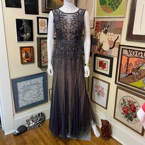 Adrianna Papell Gray Sequin Sleeveless Maxi Illusion Dress with Sheer Panel 6P